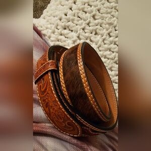 3D Hand tooled Leather and Calfs Hair Belt. Size 34